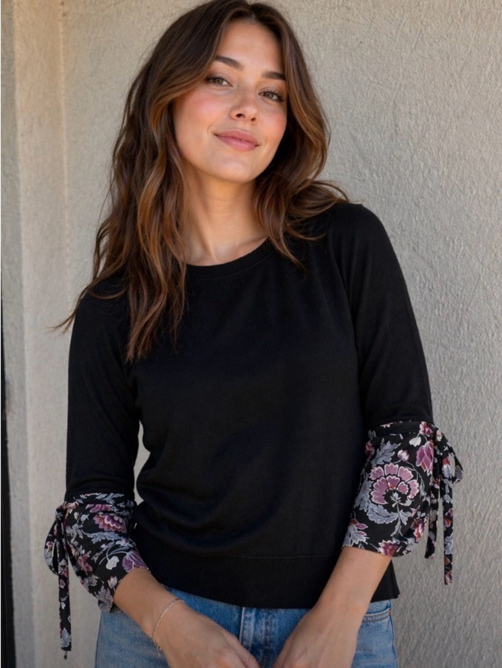 Loft Medium Black Floral Tie Bell Sleeves Boho Top Fairy Cottage Whimsy Coquette